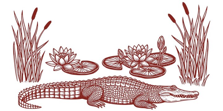 vintage engraving with alligator, water lilies, and reeds
