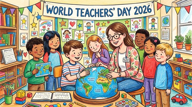 A friendly teacher and students exploring a globe together in a classroom for world teachers day