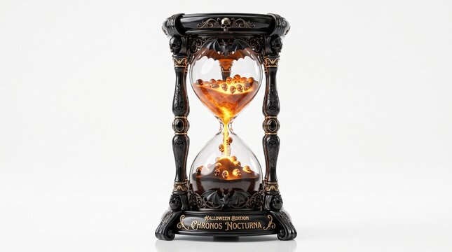 Gothic Halloween Hourglass with Glowing Skulls and Ornate Bat Design