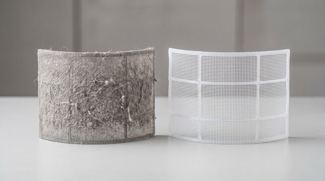 Dirty air conditioner filter compared to clean one isolated on white background