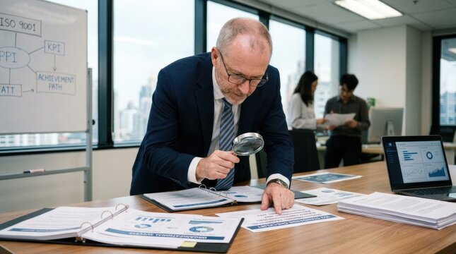 A mature man is intently examining financial documents with a magnifying glass. He is seated at a wooden desk covered with charts and graphs.