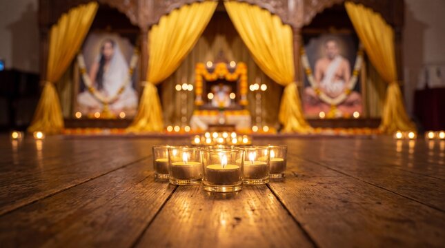 Empty Wooden Table in Blurred Background Guru Nanak Jayanti Religious Hall with Candles and Banners