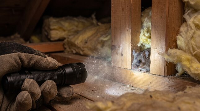 Person shining flashlight on a rodent hiding in an attic