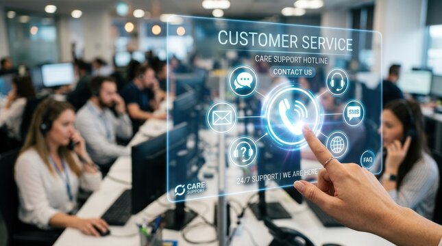 A hand interacts with a large, transparent screen displaying "CUSTOMER SERVICE" and related icons. Several customer support agents are working at their computers in a busy office environment.