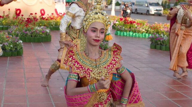 Traditional Thai Khon Dance Performance at Wat Suthat Thepwararam in Bangkok