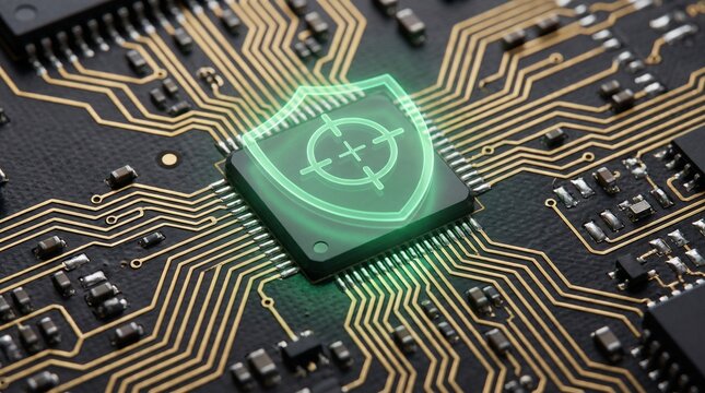Digital security shield symbol glowing over a computer processor chip