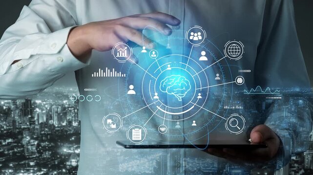 Businessman Using Tablet with Digital Brain Interface Over Cityscape at Night for Technology and Innovation Concept. Entropy.