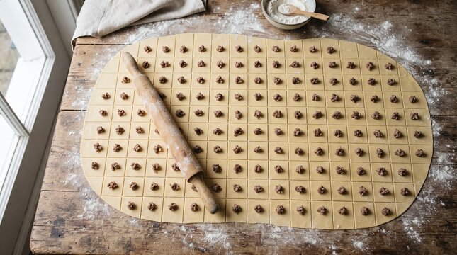 Making homemade manti dumplings with dough and filling on a wooden table