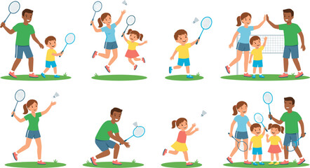 Fototapeta premium Happy Diverse Family Playing Badminton and Training Together Character Set, Cute Parents and Kids Sports Activity Vector Illustration Bundle