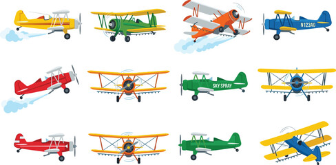 Vintage Biplane Airplane Vector Illustration Set, Retro Propeller Planes Collection for Aviation Travel and Transport Graphic Design Elements © Abul