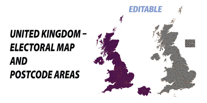 United kingdom electoral map and postcode areas, a detailed and editable vector illustration for geographic analysis and planning