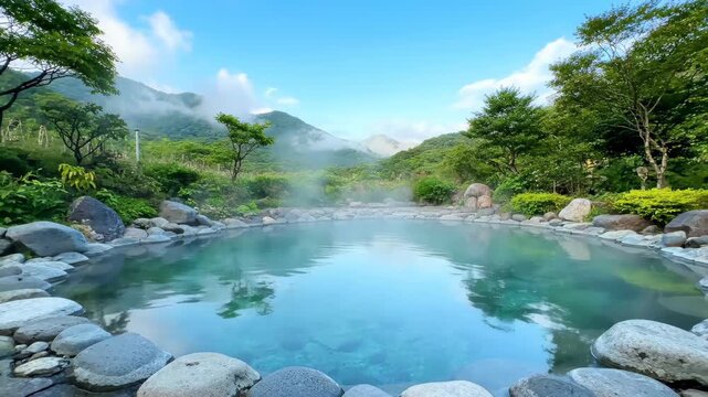 Mountain natural landscape hot spring pool, a tranquil pond among green mountains and clear waters