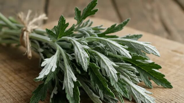 Close-up of mugwort tied on a wooden table, close-up of a bundle of mugwort