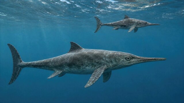 Two Ichthyosaurs Swimming in Blue Ocean Waters