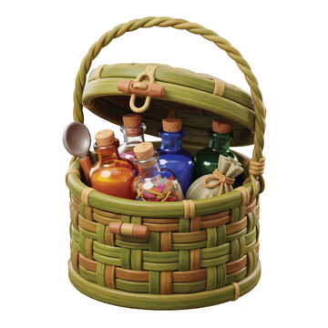 Indonesian tradition jamu herbal medicine bottles in woven basket