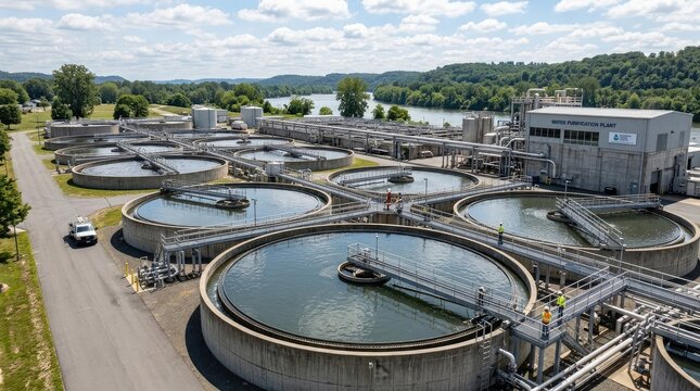A large water purification plant sits on the banks of a river. Several circular tanks, known as aeration basins, dominate the scene, filled with murky water.