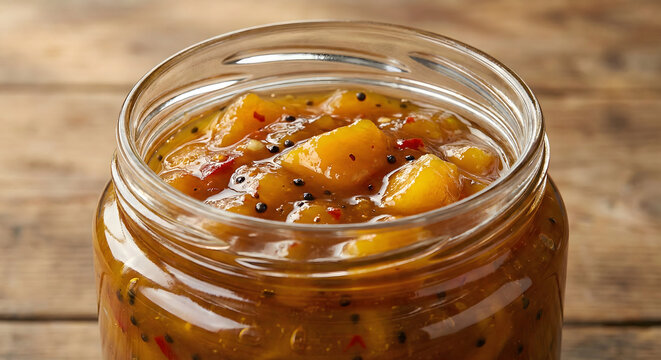 Homemade mango chutney in open glass jar, sweet and spicy Indian condiment with fruit chunks and mustard seeds on rustic wooden table, gourmet mango relish jam for culinary recipe blog and menu