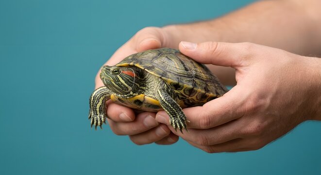 Person Holding A Small Red Eared Slider Turtle In Hands Against A Solid Teal Background