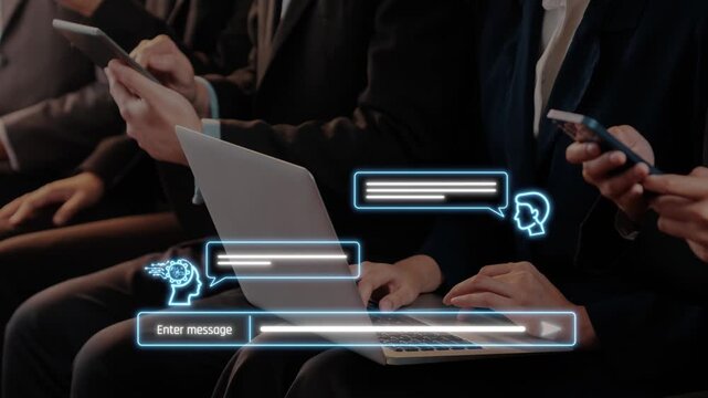 A group of business professionals engaged in a meeting, utilizing digital devices for seamless communication and collaboration in a modern office environment. Raster
