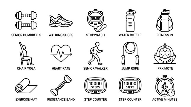 Fitness Icons Set: Dumbbells, Shoes, Stopwatch, Water Bottle, Yoga, Heart Rate
