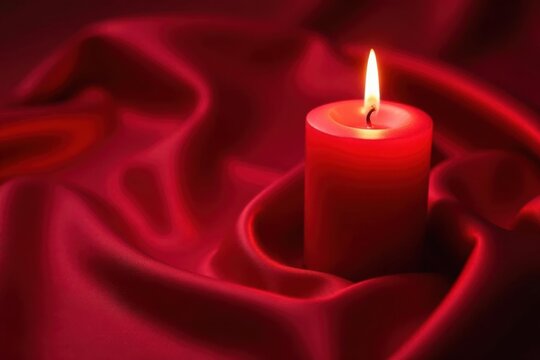 Red candle on red silk, Valentine's Day romantic setting, february, light, occasion