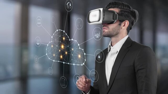 A businessman wearing a virtual reality headset explores digital cloud technologies, enhancing data interaction and analysis in a cutting-edge office setting. Raster