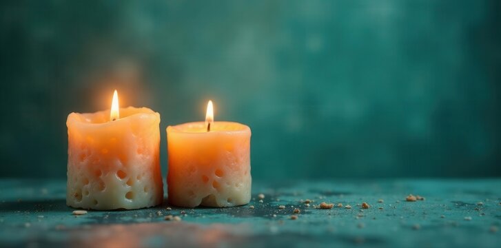 Rough-textured candles flicker, casting warm light against a serene teal backdrop , candle, peace, glow