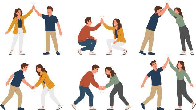Business Coworkers Character Set in Various Poses Giving High Five and Shaking Hands Celebrating Success Partnership Collaboration Flat Vector Illustration