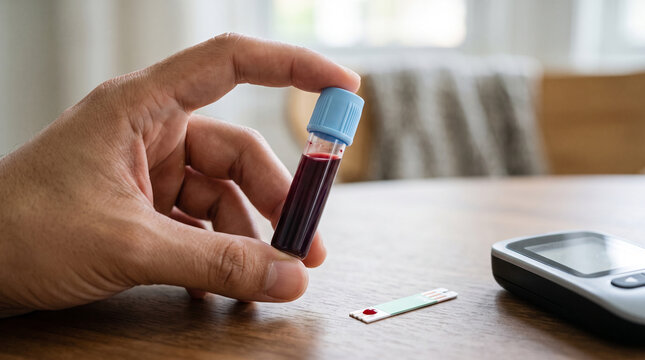 Hand Holding Blood Sample Vial with Glucometer Test Strip