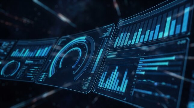 Futuristic data display with bar graphs and circular control glowing blue