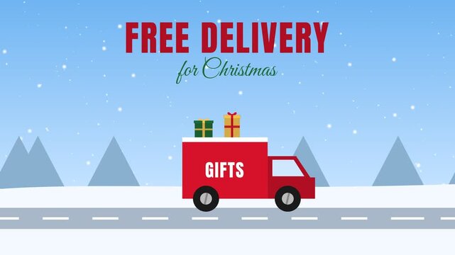 Red truck delivering gifts for Christmas with free delivery text and snow falling