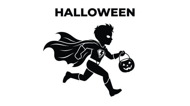 Little superhero boy running fast with a pumpkin bucket during spooky Halloween celebration night