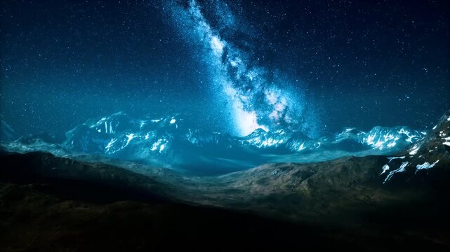 Milky Way galaxy glowing above snow-capped mountain range at night with star-filled sky and illuminated peaks