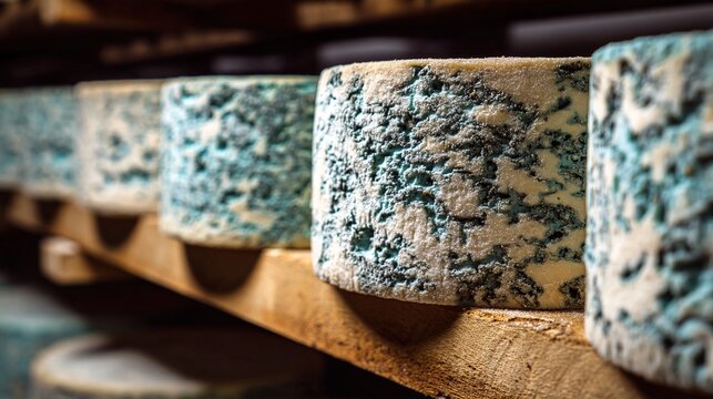 roquefort. Roquefort cheese wheels with blue mold in a cellar. menu design, packaging mockups, designed for culinary blogs and recipe cards for restaurants, used by researchers.