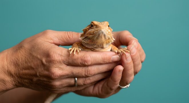 A Small Bearded Dragon Lizard Held Carefully In Human Hands Against A Solid Teal Green Background