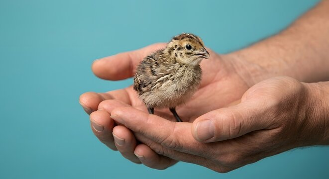 Tiny Fluffy Quail Chick Held Carefully Within Gentle Human Hands Against Soft Blue Background Studio