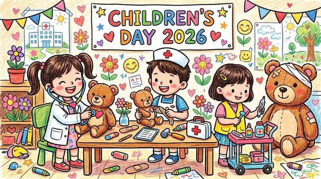 Children playing doctor with teddy bears in a classroom for children's day teddy bear pretend play