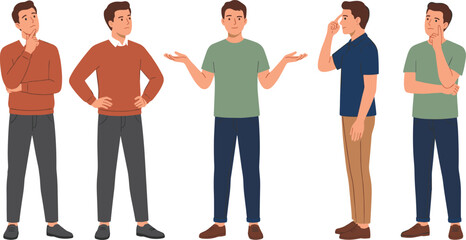 Thinking Young Man Vector Character Set with Poses for Doubting Problem Solving Shrugging and Making Decisions in Casual Outfits for Business Marketing Designs © MstRabeya