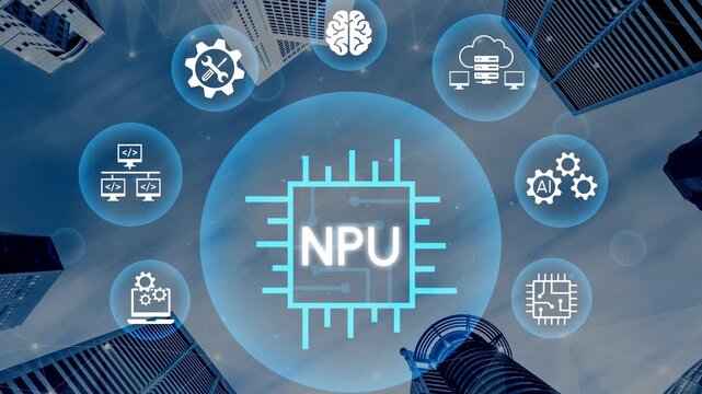 Modern technology landscape featuring NPU symbol surrounded by icons of programming, gears, artificial intelligence, and digital innovation against a skyscraper backdrop. Entropy.