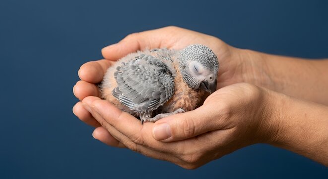 Tiny Baby African Grey Parrot Being Held Carefully In Human Hands Against A Solid Blue Background