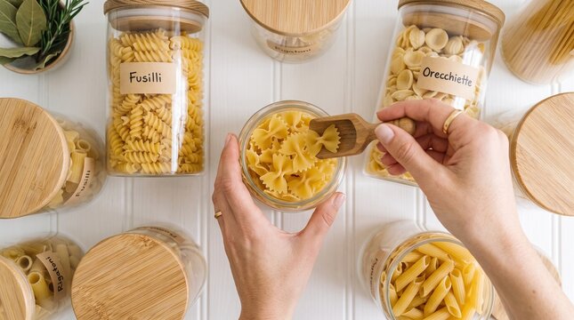 A close-up, top-down view of hands arranging dry pasta in matching clear glass jars on a white shelf, minimalist pantry aesthetic, bright, high-key lighting.