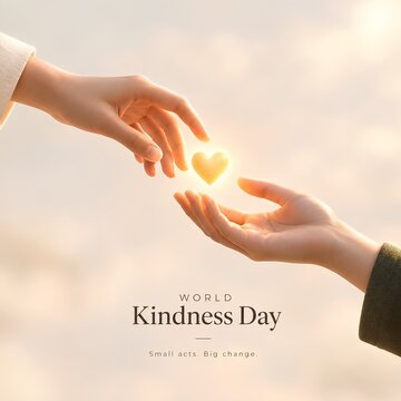 Two hands passing a glowing light heart for world kindness day with kindness compassion humanity connection