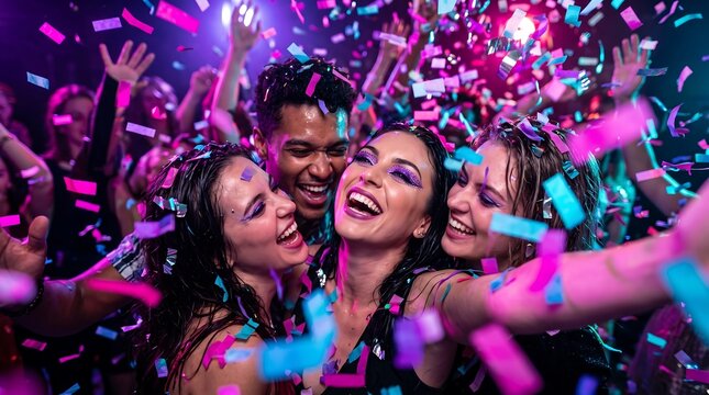 Group of Happy Young Friends Celebrating at Nightclub Party with Falling Confetti and Neon Lights