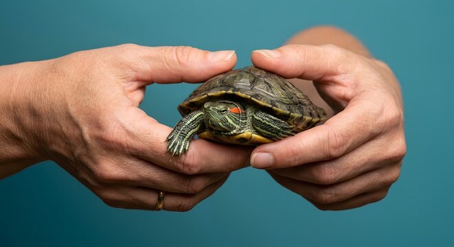 Person Holding A Small Red Eared Slider Turtle In Their Hands Against A Solid Teal Background