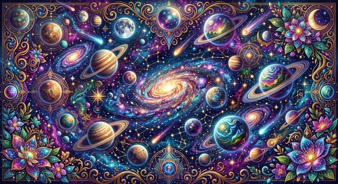Maximalist cosmic universe illustration