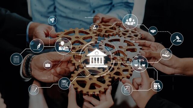 Hands join in unity to hold a gear, symbolizing collaboration. Surrounding digital icons illustrate the connection of business and law, highlighting innovation. Raster