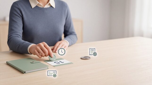 Person placing a coin on a calendar card at a wooden desk with digital financial icons with surrounded floating digital