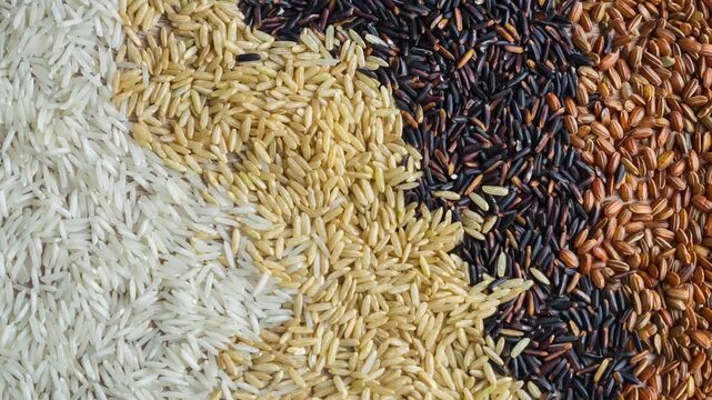 Various types of colorful raw organic rice grains sorted neatly in rows on wooden table surface.