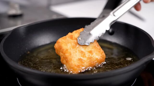 Deep-fried block ingredients in a pan, deep-fried tofu block making process