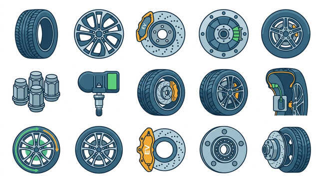 Modern Illustrated Collection of Car Parts Including Wheels Tires Brake Pads Calipers TPMS Sensor and Air Filter